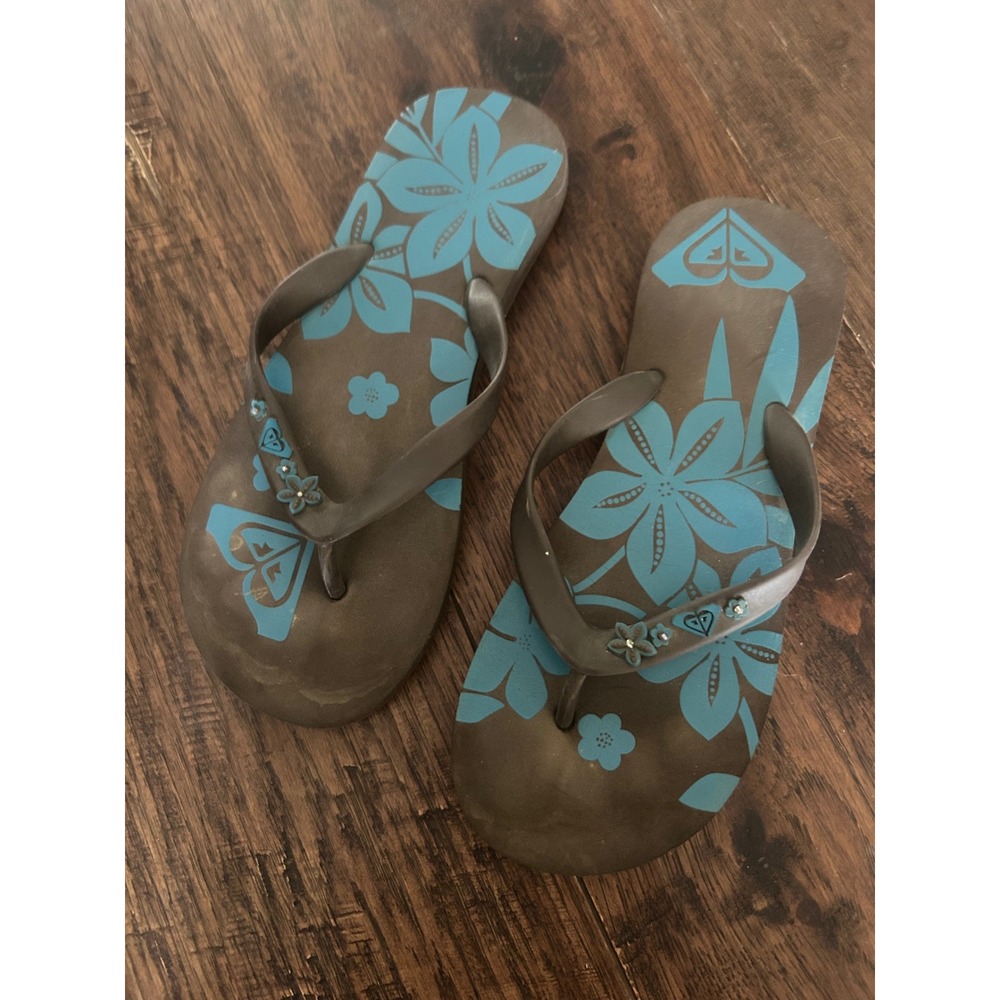 Y2K Roxy Womens Flip Flop Sandals Brown Turquoise Blue Floral Hibiscus Thong 7-8